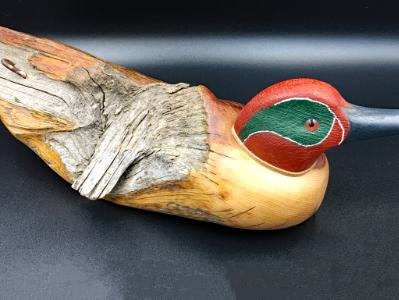 Fence Post Duck with Nail: Gray-blue Beak/Green/Red Head with Unfinished Tail